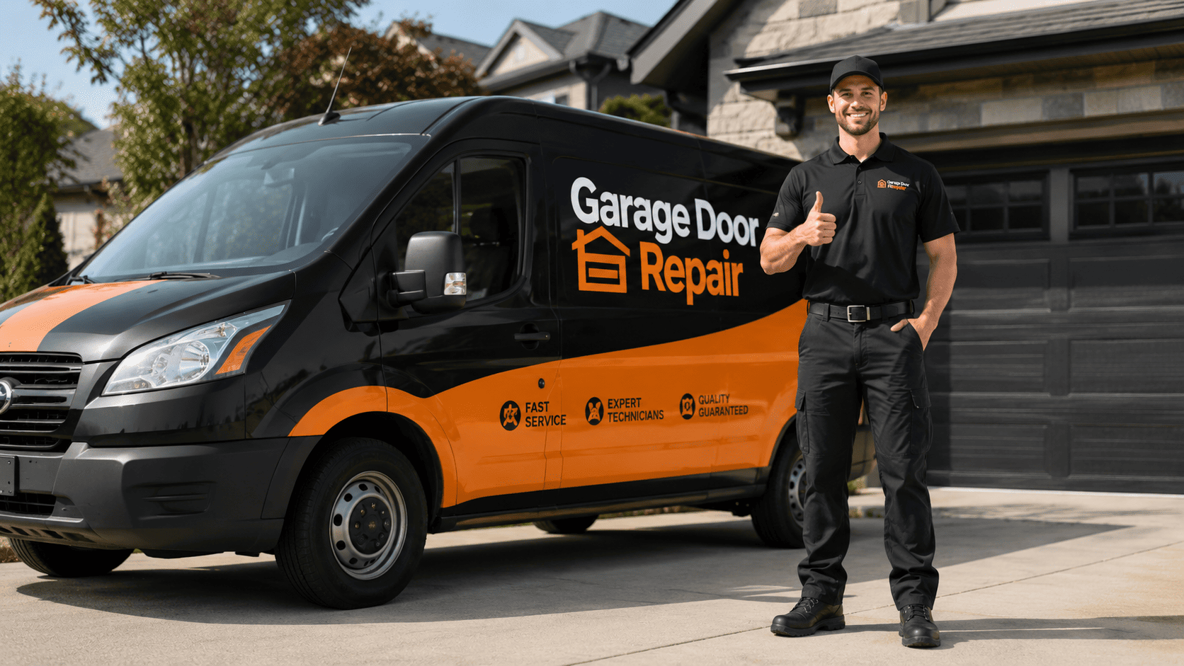 Emergency garage door repair service van and technician